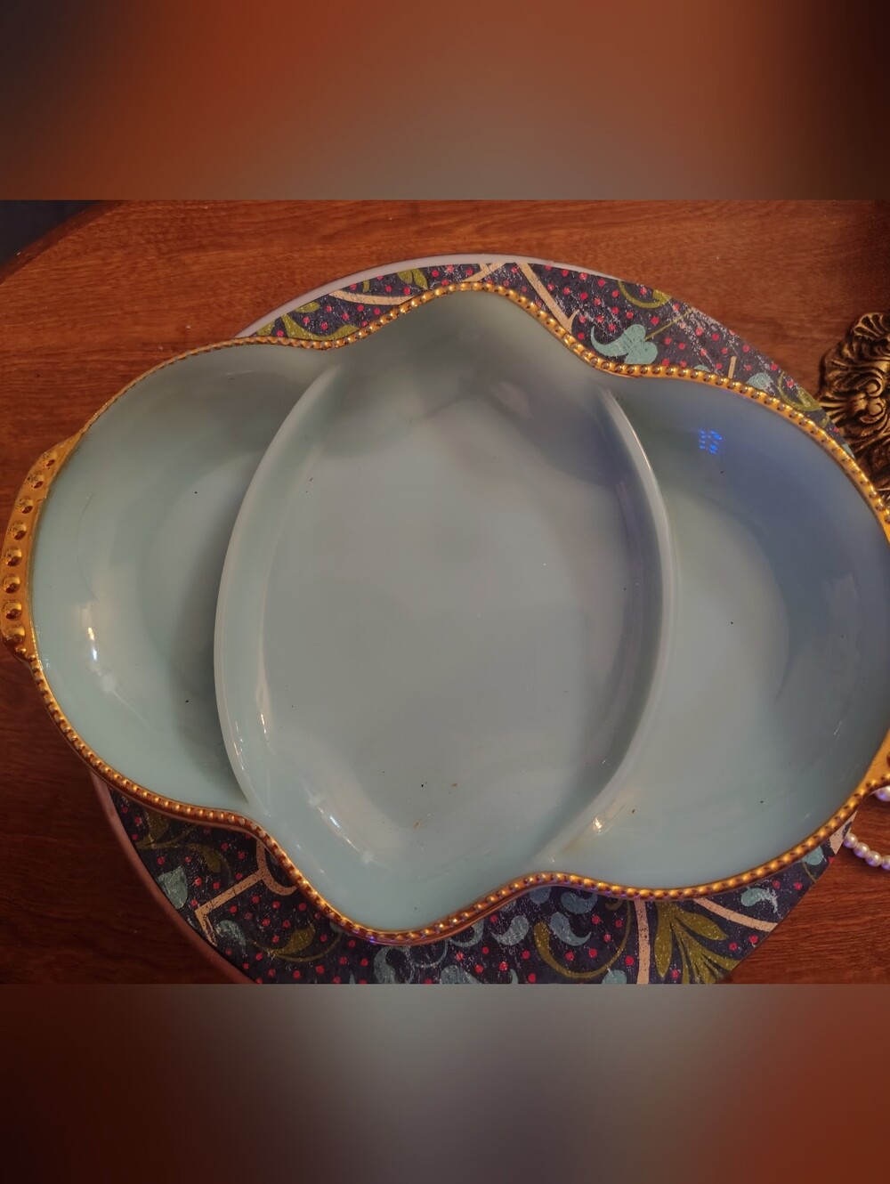 Exquisite Fire-King Delphite Blue divided relish dish by Anchor Hocking Gold Rim